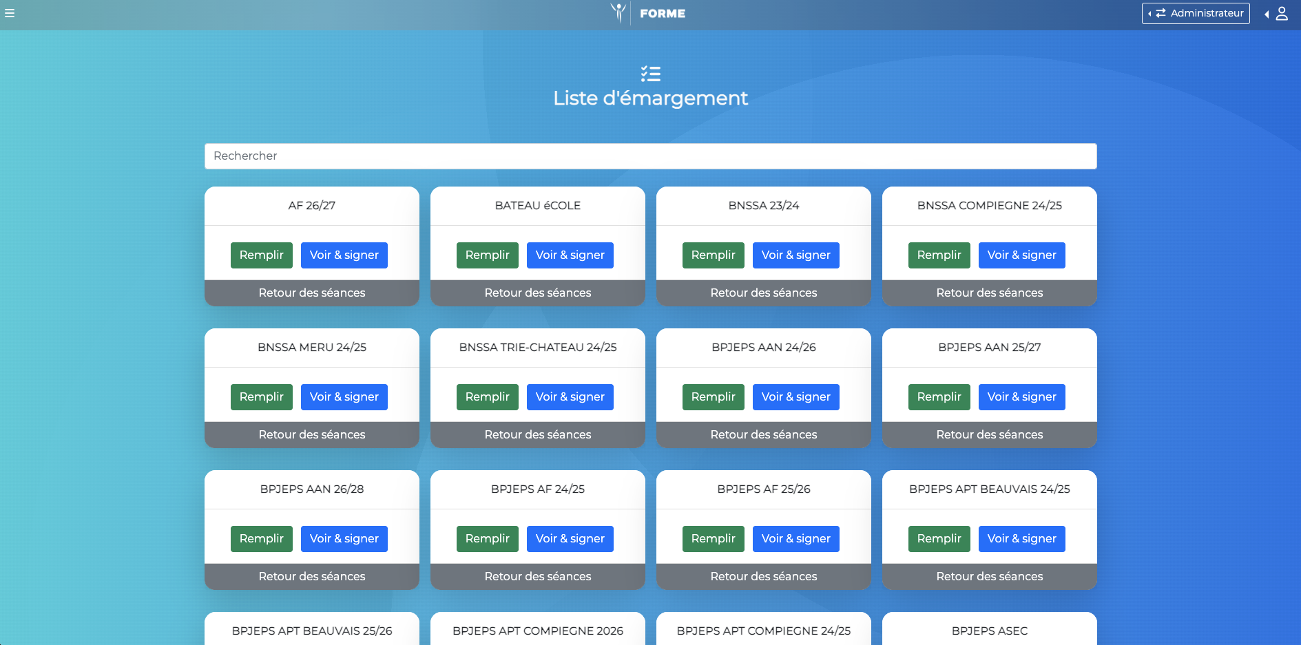 Écran des émargements par formation de l'application Formecontact